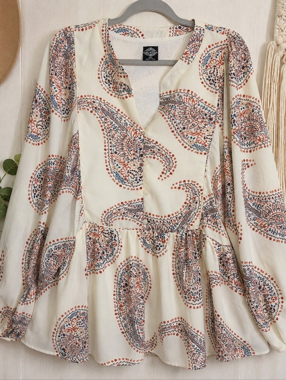 Cal Style 2XL Paisley Tunic Blouse Boho Peplum Balloon Sleeve Top